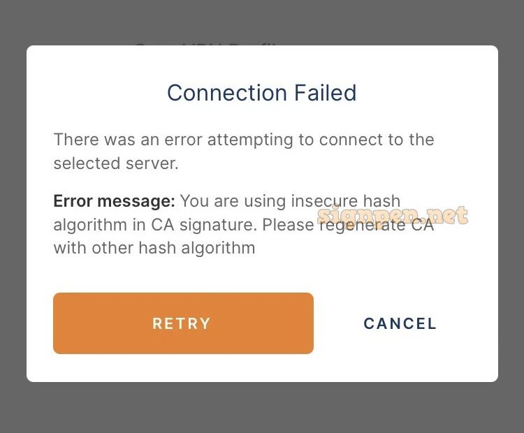 OpenVPN 에러 메세지 You are using insecure hash algorithm in CA signature. Please regenerate CA with other hash algorithm