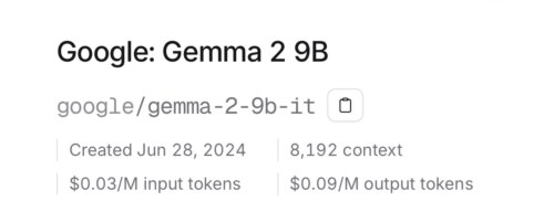 OpenRouter 모델 가성비 비교 - 오픈클로 에이전트 작업 적합 모델 찾기 Google: Gemma 2 9B