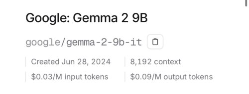 OpenRouter 모델 가성비 비교 - 오픈클로 에이전트 작업 적합 모델 찾기 Google: Gemma 2 9B