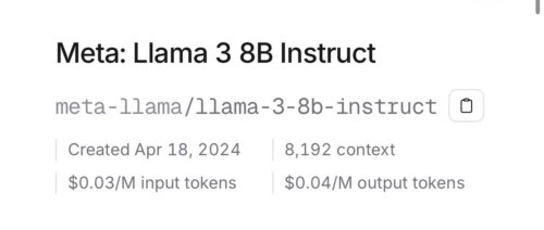 OpenRouter 모델 가성비 비교 - 오픈클로 에이전트 작업 적합 모델 찾기 Meta: Llama 3 8B Instruct